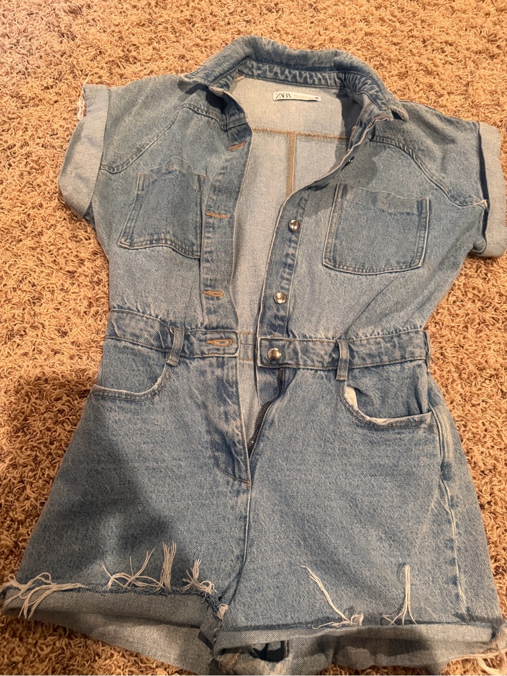 Zara Blue Distressed Denim Short Romper